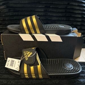Adidas Black and Gold Striped Slides